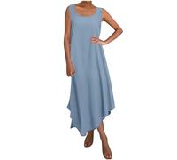 Maxi Dresses for Women UK Plus Size Cotton Linen Dress Sleeveless Vest Dress Casual Oversized Tunic Sundress Solid Color A-line Dress Baggy Beach Long Dress Summer Loose Shift Dresses Sky Blue