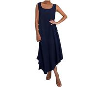 Maxi Dresses for Women UK Plus Size Cotton Linen Dress Sleeveless Vest Dress Casual Oversized Tunic Sundress Solid Color A-line Dress Baggy Beach Long Dress Summer Loose Shift Dresses Navy