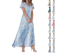 Maxi Dresses for Women UK Red White Black Elegant Floral Print Summer Chiffon Dress Ruffle Short Sleeves V Neck Boho Beach Dress Ladies Flowy Wedding Guest Long Dresses Casual A Line Vacation Sundress