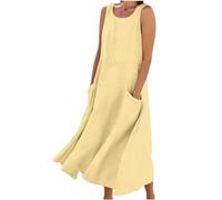 Maxi Dresses for Women UK Sale Clearance Cotton Linen Oversized Tunic Dress Sleeveless Vest Dress with Pocket Solid Color A-line Dress Baggy Beach Long Dress Summer Casual Sundress