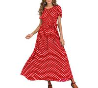 Maxi Dresses for Women UK Sale Clearance Polka Dot Short Sleeve Summer Dresses with Belt Evening Party Holiday Elegant Ladies Wedding Guest Dress Beach Boho Hawaiian Dress Sundress Long Dresses