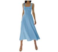 Maxi Dresses for Women UK Sleeveless Summer Casual Solid Color Dress Slim Fit Square Neck Thick Shoulder Strap Skirt Lace Up High Waist Flowy Dresses Ruffle A Line Beach Long Dress Sky Blue