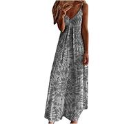 Maxi Dresses for Women UK, Summer Boho Beach Dress V Neck Sleeveless Spaghetti Strap Casual Swing A Line Long Flowy Beach Holiday Essentials Evening Lounge Basics Clothing