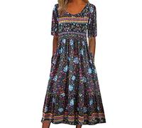 Maxi Dresses for Women UK Summer Boho Maxi Dress Hawaiian Fancy Dress Summer Casual Sleeveless Round Neck Floral Print Elegant Swing Sundress Bohemian Vacation Beachdress C-Blue
