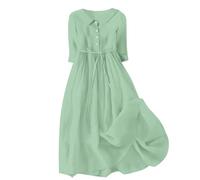 Maxi Dresses for Women UK Summer Casual Cotton Linen Dress Loose 3/4 Sleeve Lapel Button Shirts Dress Lace-Up Pleated Tiered Flowy A-Line Long Dress Boho Vacation Sundresses