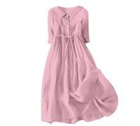 Maxi Dresses for Women UK Summer Casual Cotton Linen Dress Loose 3/4 Sleeve Lapel Button Shirts Dress Lace-Up Pleated Tiered Flowy A-Line Long Dress Boho Vacation Sundresses