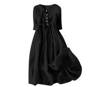 Maxi Dresses for Women UK Summer Casual Cotton Linen Dress Loose 3/4 Sleeve Lapel Button Shirts Dress Lace-Up Pleated Tiered Flowy A-Line Long Dress Boho Vacation Sundresses