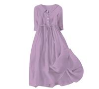 Maxi Dresses for Women UK Summer Casual Cotton Linen Dress Loose 3/4 Sleeve Lapel Button Shirts Dress Lace-Up Pleated Tiered Flowy A-Line Long Dress Boho Vacation Sundresses