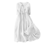 Maxi Dresses for Women UK Summer Casual Cotton Linen Dress Loose 3/4 Sleeve Lapel Button Shirts Dress Lace-Up Pleated Tiered Flowy A-Line Long Dress Boho Vacation Sundresses