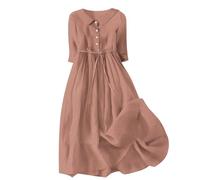 Maxi Dresses for Women UK Summer Casual Cotton Linen Dress Loose 3/4 Sleeve Lapel Button Shirts Dress Lace-Up Pleated Tiered Flowy A-Line Long Dress Boho Vacation Sundresses
