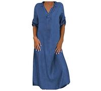 Maxi Dresses for Women UK Summer Casual Loose Long Dress Women Solid Denim Dress V-Neck Roll Sleeve Button Loose Long Slouchy Loungewear Going Out UK