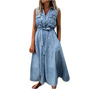 Maxi Dresses for Women UK Summer Casual Loose Long Dress Women Solid Sleeveless Frenulum Denim Jacket Jean Long Dresses Slouchy Loungewear Going Out UK