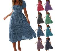 Maxi Dresses for Women UK Summer Floral Print Swing Wedding Guest Dresses Short Puff Sleeve Chiffon Maxi Summer Beach Square Neck A Line Ruffle Bohemian Sundress Holiday Prom Boho Dress A-Blue