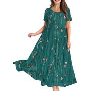 Maxi Dresses for Women UK, Womens Plus Size Summer Maxi Dresses Casual Short Sleeve Crew Neck Swing Long Sundress Flowy Tiered Party Dress for Beach, Holiday, Wedding Gifts for Her,Green,L,u167k
