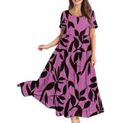 Maxi Dresses for Women UK, Womens Plus Size Summer Maxi Dresses Casual Short Sleeve Crew Neck Swing Long Sundress Flowy Tiered Party Dress for Beach Sister Birthday Gifts,Hot Pink,L,u77k