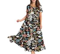 Maxi Dresses for Women UK, Womens Summer Long Dresses Casual Short Sleeve Crew Neck Maxi Sundress Ladies Loose Tshirt Dress Boho Floral Beach Sundresses Gifts for Her,Navy,XXL,u23k