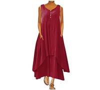 Maxi Dresses Women Cotton Linen Casual Oversized Tunic Dress Sleeveless Vest Sundress with Pocket Boho Beach Long Dress A-line Solid Color Dress Baggy Summer Sundresses Plus Size 22 Red