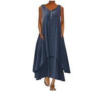 Maxi Dresses Women Cotton Linen Casual Oversized Tunic Dress Sleeveless Vest Sundress with Pocket Boho Beach Long Dress A-line Solid Color Dress Baggy Summer Sundresses Plus Size 22 Blue
