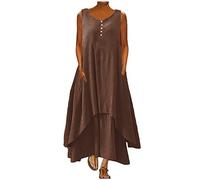 Maxi Dresses Women Cotton Linen Casual Oversized Tunic Dress Sleeveless Vest Sundress with Pocket Boho Beach Long Dress A-line Solid Color Dress Baggy Summer Sundresses Plus Size 22 Coffee