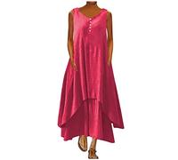 Maxi Dresses Women Cotton Linen Casual Oversized Tunic Dress Sleeveless Vest Sundress with Pocket Boho Beach Long Dress A-line Solid Color Dress Baggy Summer Sundresses Plus Size 22 Watermelon Red