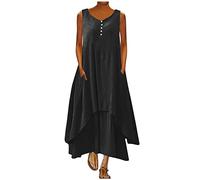 Maxi Dresses Women Cotton Linen Casual Oversized Tunic Dress Sleeveless Vest Sundress with Pocket Boho Beach Long Dress A-line Solid Color Dress Baggy Summer Sundresses Plus Size 22 Black
