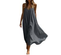 Maxi Dresses Womens Cotton Linen Casual Oversized Tunic Dress Sleeveless Spaghetti Strap Vest Dresses Solid Color A-line Sundress Baggy Beach Long Dress Summer Plain Sundress Dark Gray
