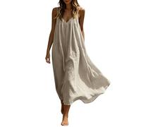 Maxi Dresses Womens Cotton Linen Casual Oversized Tunic Dress Sleeveless Spaghetti Strap Vest Dresses Solid Color A-line Sundress Baggy Beach Long Dress Summer Plain Sundress Beige