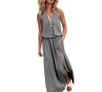 Maxi Dresses Women's Summer Dress Sexy V-Neck with Zip Maxi Dress Sleeveless Slit Long House Dress with Pockets Casual Ball Dress Loose Tunic Dress Beach Casual Dresses