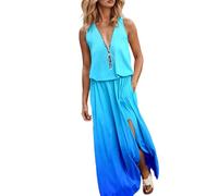 Maxi Dresses Women's Summer Dress Women's Lightweight Dress V-Neck with Zip Maxi Dress Sleeveless Slit Long Dresses Gradient Casual Ball Dress Loose Tunic Dress Beach Casual Dresses