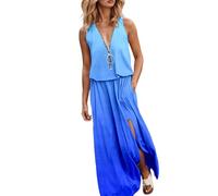 Maxi Dresses Women's Summer Dress Women's Lightweight Dress V-Neck with Zip Maxi Dress Sleeveless Slit Long Dresses Gradient Casual Ball Dress Loose Tunic Dress Beach Casual Dresses