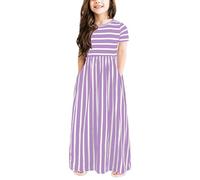 Maxi Floor Striped Smocked Dress for Teen Girls Kids Short Sleeve Formal Wedding Birthday Party Cotton Soft Dresses Sparkly Dresses for Girls 4-6 for Little 5t(Purple, 100)