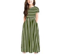 Maxi Floor Striped Smocked Dress for Teen Girls Kids Short Sleeve Formal Wedding Birthday Party Cotton Soft Dresses Two Sweet Birthday Outfit 2 Years Old Heart 5t(Green, 110)