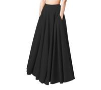 Maxi Long Skirts for Women Elasticated High Waisted Casual Business Office Work Maxi Skirts Loose Fit Ladies Full Length A-Lined Flowy Swing Chiffon Pleated Skirts with Pockets Black
