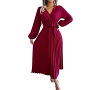 Maxi Long Sleeve Flowy Dress Wedding Guest Dresses Women Solid Color High Waisted Belted V Neck Large Swing Pleated Long Dresses