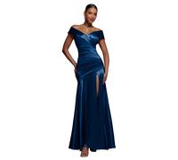 Maxi Plissé Off-the-shoulder Satin Bodycon Dress Women Goddiva Bleu 46