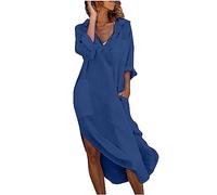 Maxi Shirt Dresses for Women UK Cotton Linen Shift Dress Long Sleeve V Neck Dresses Button Neck Tunic Beach Dresses Loose Summer Long Dresses Lapel Ruffleh Office Casual Dresses