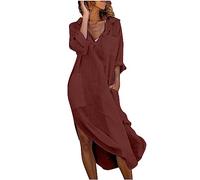 Maxi Shirt Dresses for Women UK Cotton Linen Shift Dress Long Sleeve V Neck Dresses Button Neck Tunic Beach Dresses Loose Summer Long Dresses Lapel Ruffleh Office Casual Dresses