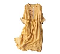 Maxi Shirt Dresses for Women - UK Ladies Linen Summer Tunic Casual Half Button A-line Vintage Solid Long Sleeve Beach Loose Summer Office Dresses