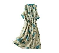 Maxi Shirt Dresses for Women UK Plus Size Cotton Linen Dress Lace Trim Button Down Shirts Dress with Belt V Neck Casual Holiday Party Tunic Dresses Floral Print Baggy Going Out Long Dress Green