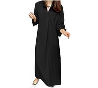 Maxi Shirt Dresses for Women UK V Neck Shift Dress Cotton Linen Long Sleeve Dresses Tunic Beach Dresses Loose Summer Long Dresses Office Casual Dresses Plus Size 8-22 Black