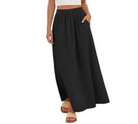 Maxi Skirt for Women UK A Line Long Skirts Elegant Casual Elastic High Waist Skirts Summer Beach Boho Holiday Skirt Office Work Swing Solid Basic Long Length Party Dress Ladies Black