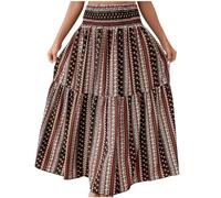 Maxi Skirt for Women UK Ladies Tiered A Line Long Skirts Bohemian Flowy Skirt Elasticated Waistband Smocked Waist Vintage Floral Printed Casual Swing Midi Skirt High Waisted Summer Skirts Black