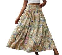 Maxi Skirt for Women UK Ladies Tiered A Line Long Skirts Bohemian Flowy Skirt Elasticated Waistband Smocked Waist Vintage Floral Printed Casual Swing Midi Skirt High Waisted Summer Skirts Yellow