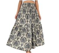 Maxi Skirt for Women UK Ladies Tiered A Line Long Skirts Bohemian Flowy Skirt Elasticated Waistband Smocked Waist Vintage Floral Printed Casual Swing Midi Skirt High Waisted Summer Skirts Beige