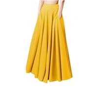 Maxi Skirts for Women UK Elastic Waist Solid Pleated Long Skirt Vintage A-line Loose Swing Skirts Boho Beach Casual Summer Skirts Plus Size Ladies Long Dresses Yellow