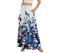 Maxi Skirts for Women UK Spring Summer Trendy Elastic Waist Boho Floral Pattern Print Flowy Long Skirt with Pockets Beach Vacation Clothes 21st Birthday Gifts for Her,Dark Blue,XL,u534k
