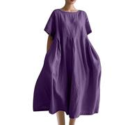 Maxi Summer Dresses for Women UK Clearance Elegant Italian Linen Dress Deal of The Day Short Sleeve Baggy Solid Crewneck Casual Dress Oversized A-line Swing Beach Holiday Long Sundress, S-5XL Purple