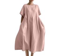 Maxi Summer Dresses for Women UK Clearance Elegant Italian Linen Dress Deal of The Day Short Sleeve Baggy Solid Crewneck Casual Dress Oversized A-line Swing Beach Holiday Long Sundress, S-5XL Pink