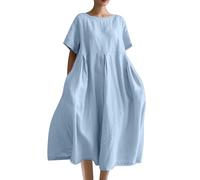 Maxi Summer Dresses for Women UK Clearance Elegant Italian Linen Dress Deal of the Day Short Sleeve Baggy Solid Crewneck Casual Dress Oversized A-line Swing Beach Holiday Long Sundress, S-5XL