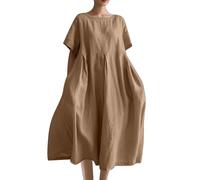 Maxi Summer Dresses for Women UK Clearance Elegant Italian Linen Dress Deal of The Day Short Sleeve Baggy Solid Crewneck Casual Dress Oversized A-line Swing Beach Holiday Long Sundress, S-5XL Khaki